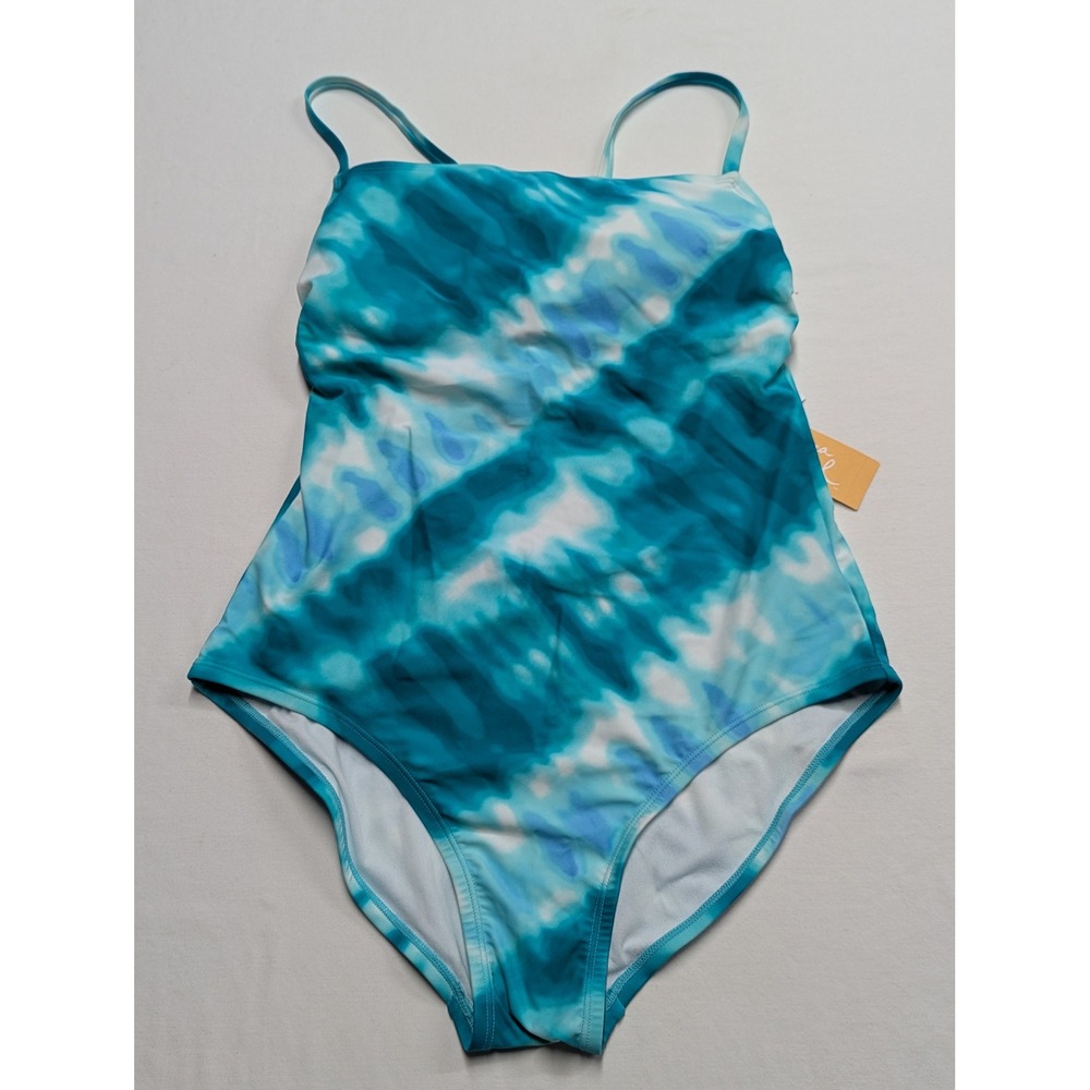 NWT Kona Sol Womens Blue White One Piece Swimsuit Padded Strappy Back Large